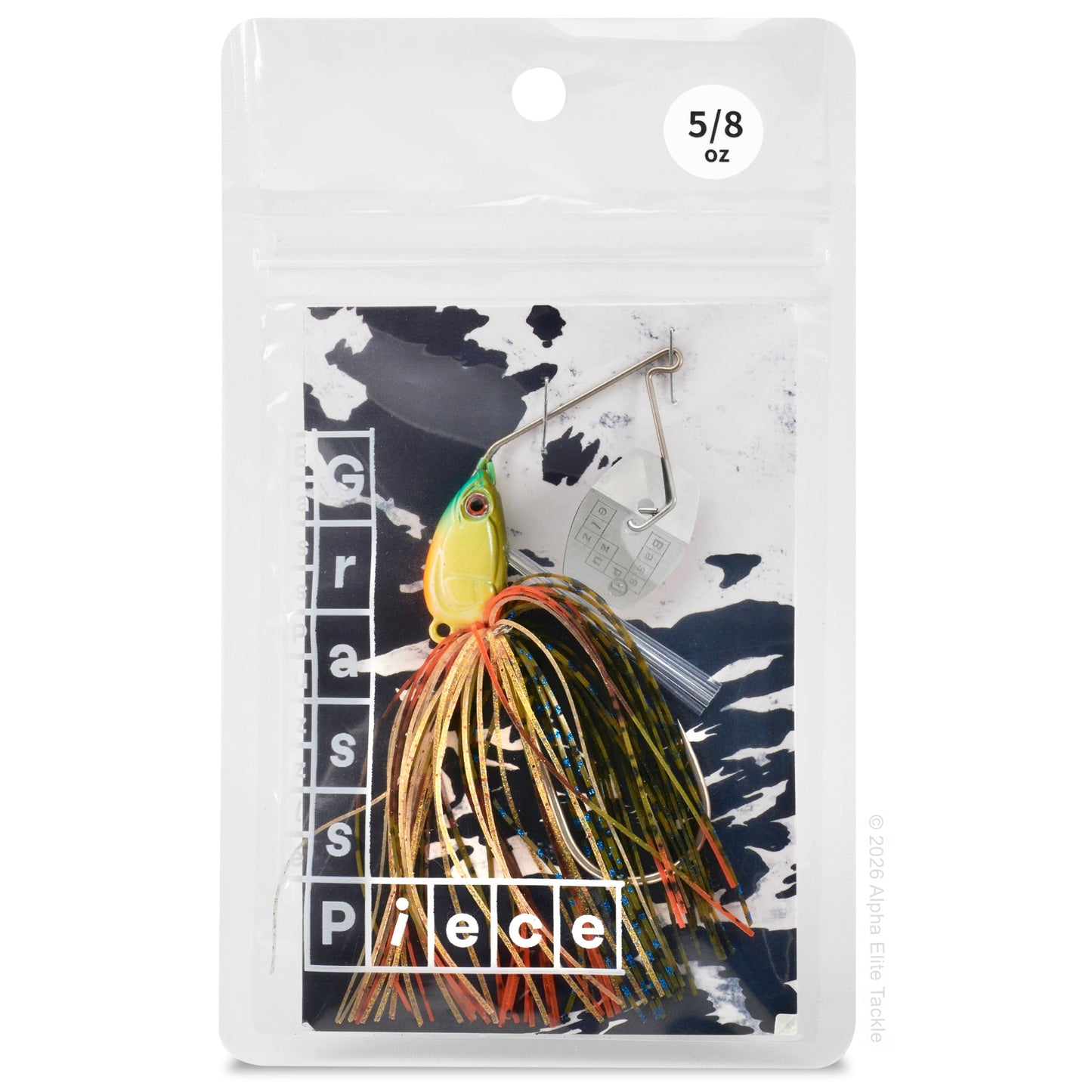 Close up of the bass puzzle grass piece flex in the color blue gill in it's packaging on a white background