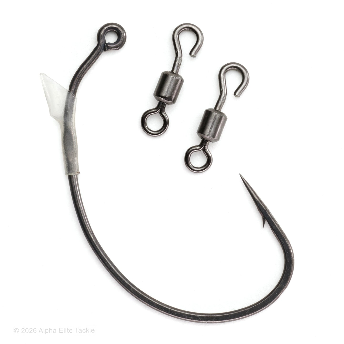 Fishing hook with wire and two swivel connectors on a white background