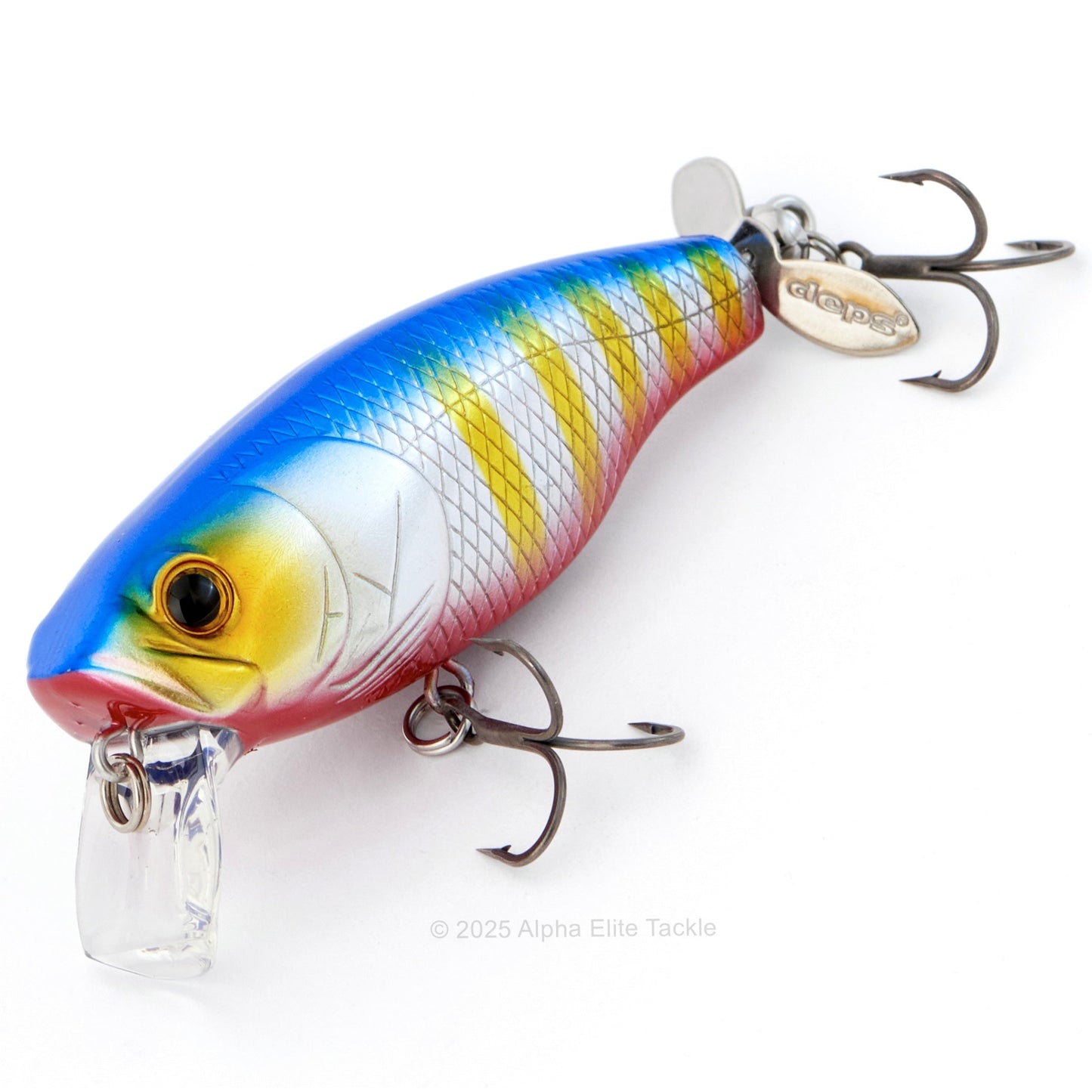 Close up of the Deps Buzzjet Wakebait Topwater fishing lure in the color Red Bluegill on a white background