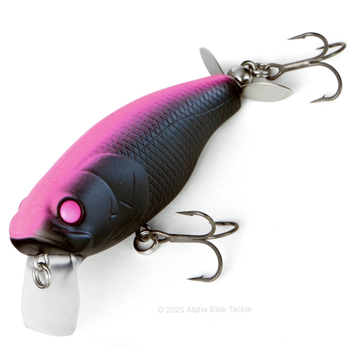 Close up of the Deps Buzzjet Wakebait Topwater fishing lure in the color Visible Black on a white background
