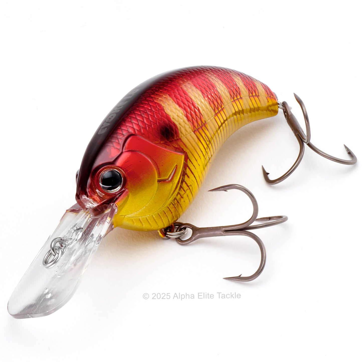 Close up of the Deps Evoke 1.8 Squarebill Crankbait fishing lure in the color REd Gill on a white background