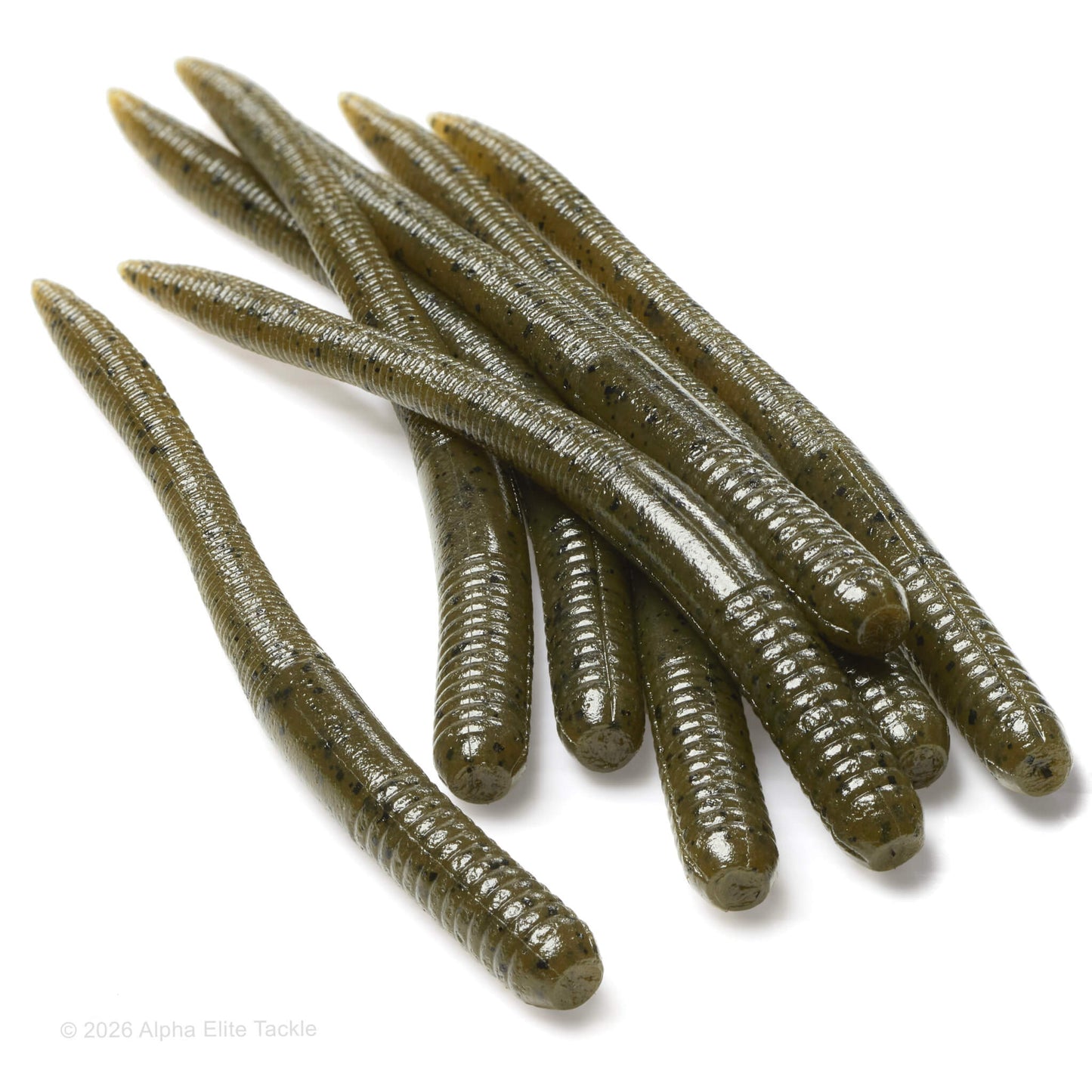 Close up of the EZ Lab Shaking Tail Soft Plastic Finesse Worm in the color Green Pumpkin Pepper on a white background.