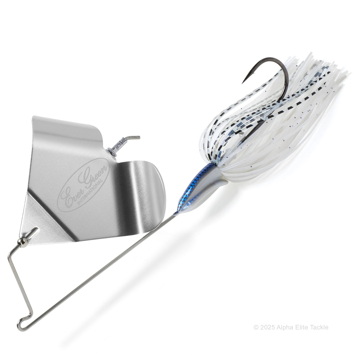Photo of the Evergreen Loud Buzz Buzzbait in the color white with a silver blade on a white background