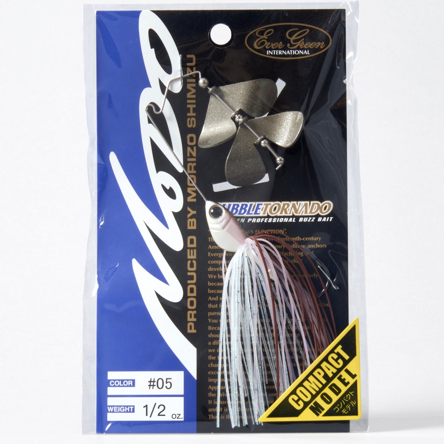 Package containing the Evergreen Bubble Tornado Double Blade Buzzbait in the color Wakasagi