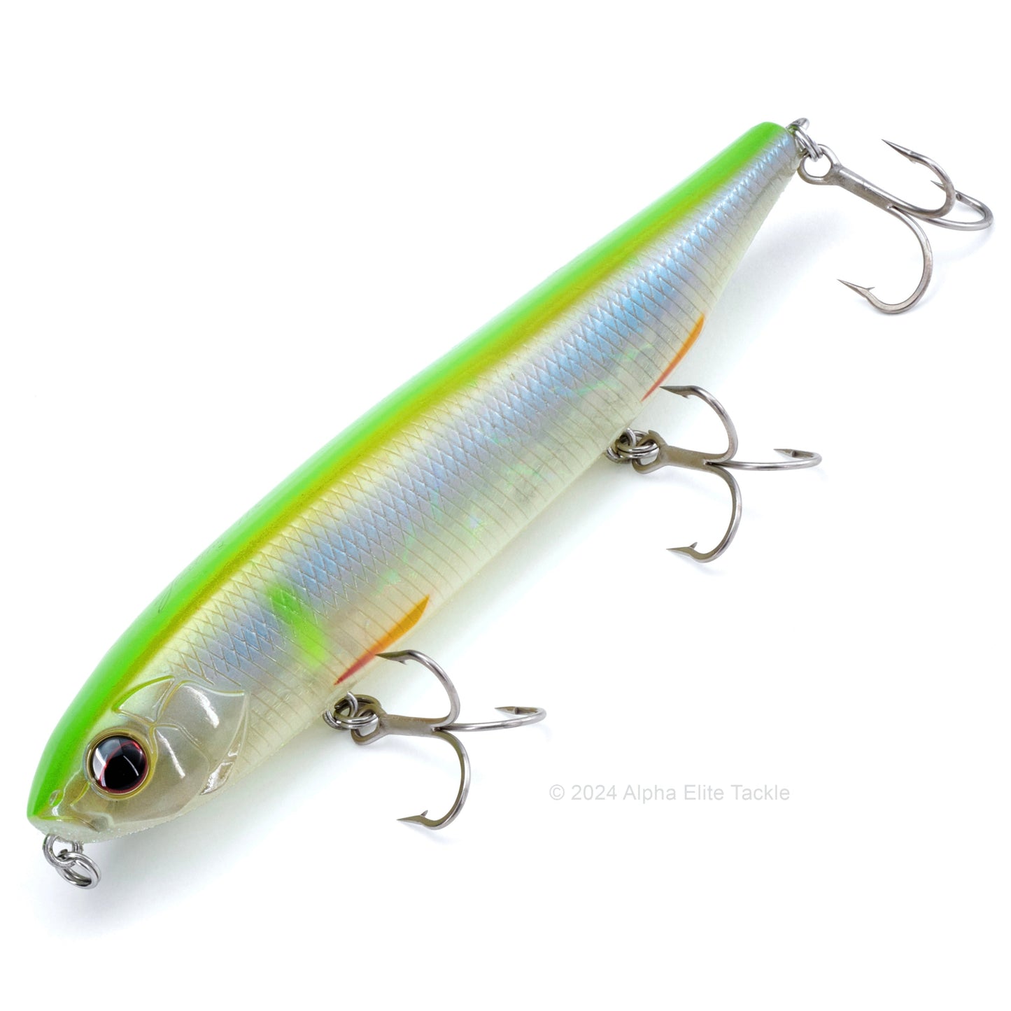 Close up of the Evergreen Justine Combat Pencil Topwater in the color Lime Skeleton Ayu on a white background