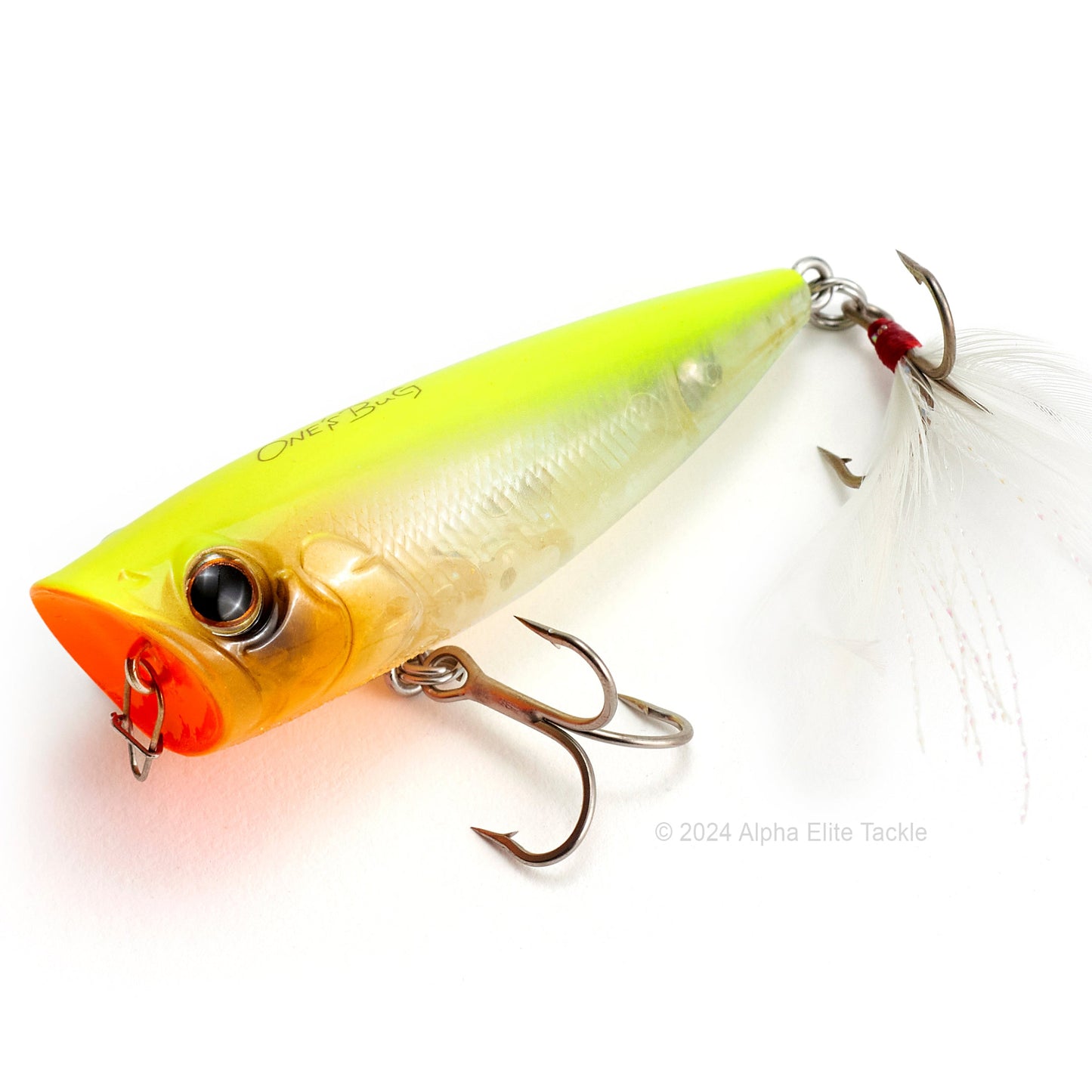 Close up of the Evergreen Ones Bug OB-68 Topwater Popper in the color Skeleton Chart on a white background