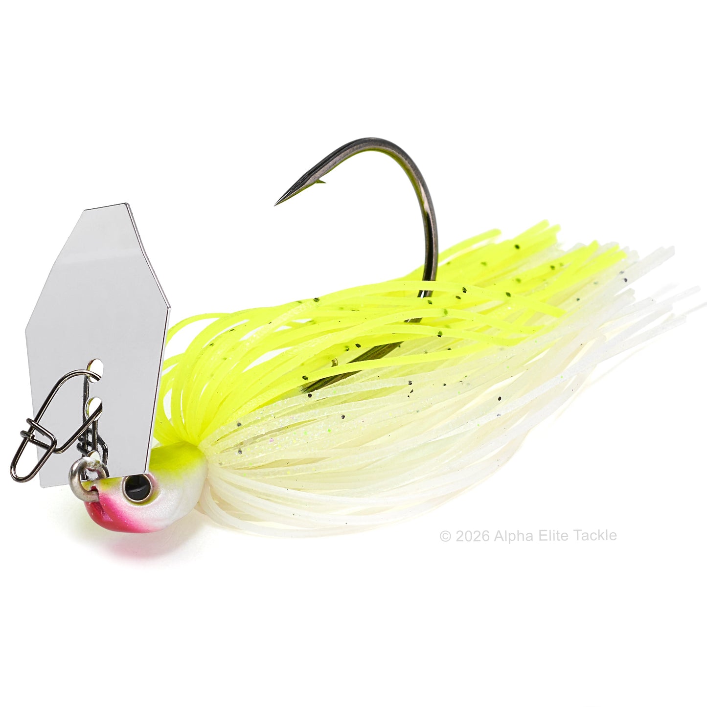 Close up of the evergreen tungsten jack hammer bladed jig in the color white chart on a white background.