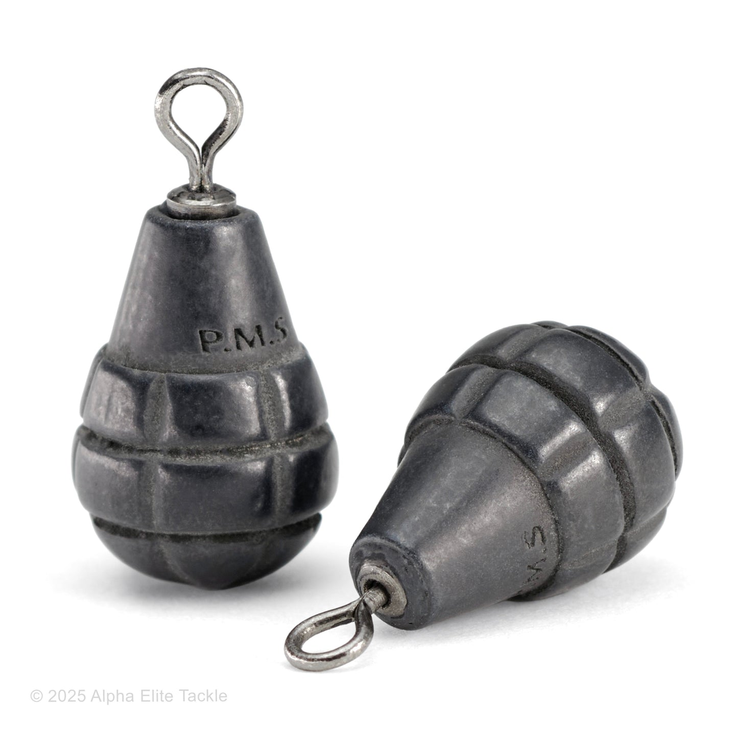 Two fishing sinkers shaped like grenades on a white background