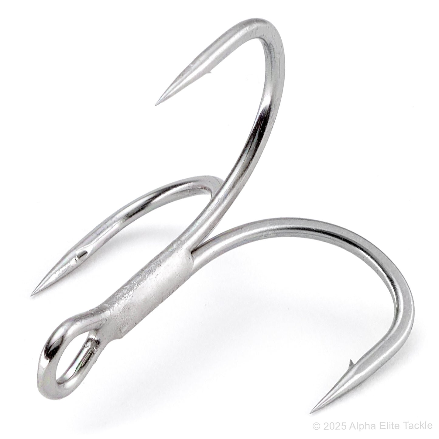 Close up of a single Gamakatsu Hyper Shield Treble Hook on a white background