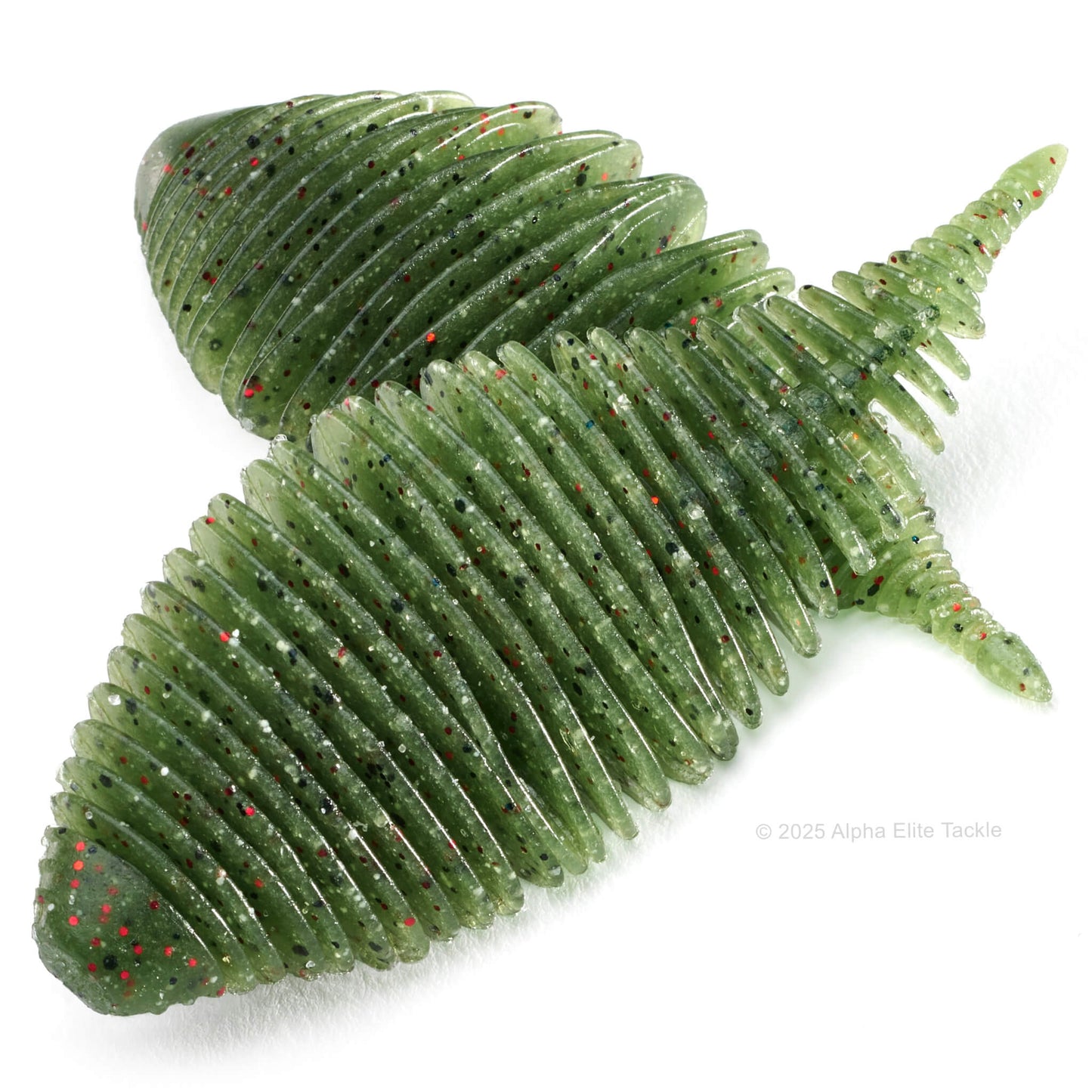 Close up of the Geecrack Bellows Gill Creature Bait in the color Watermelon Red Flake on a white background