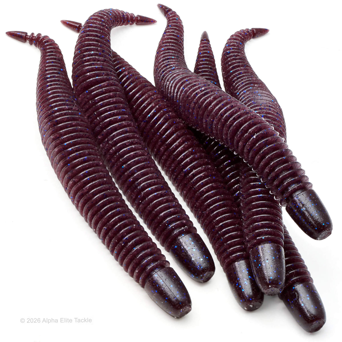 Highly productive soft plastic ribbed worm in the color Plum Blue Flake used for bass fishing called the Geecrack Bellows Stick 5.8