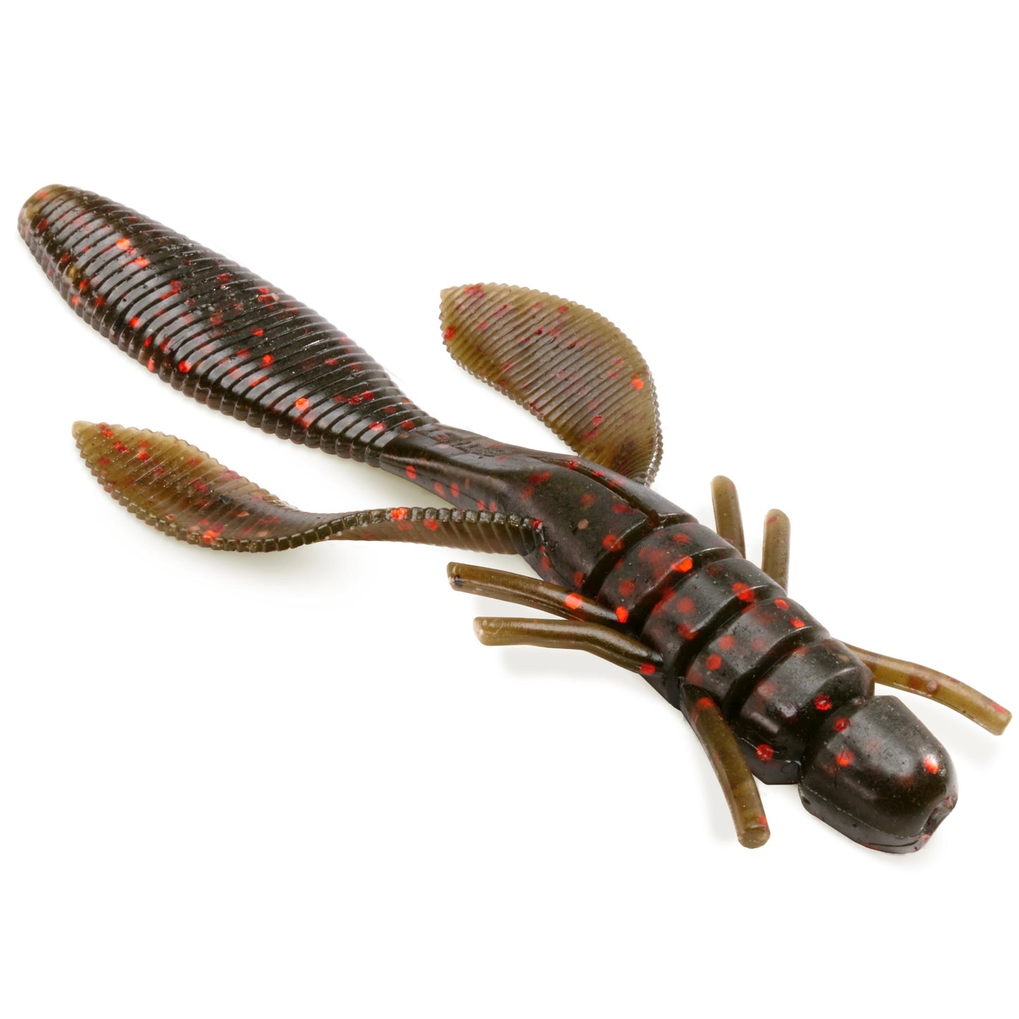 Close Up of the soft plastic Getnet Cultiva Juster Hog creature bait in the color Watermelon Red Flake on a white background.