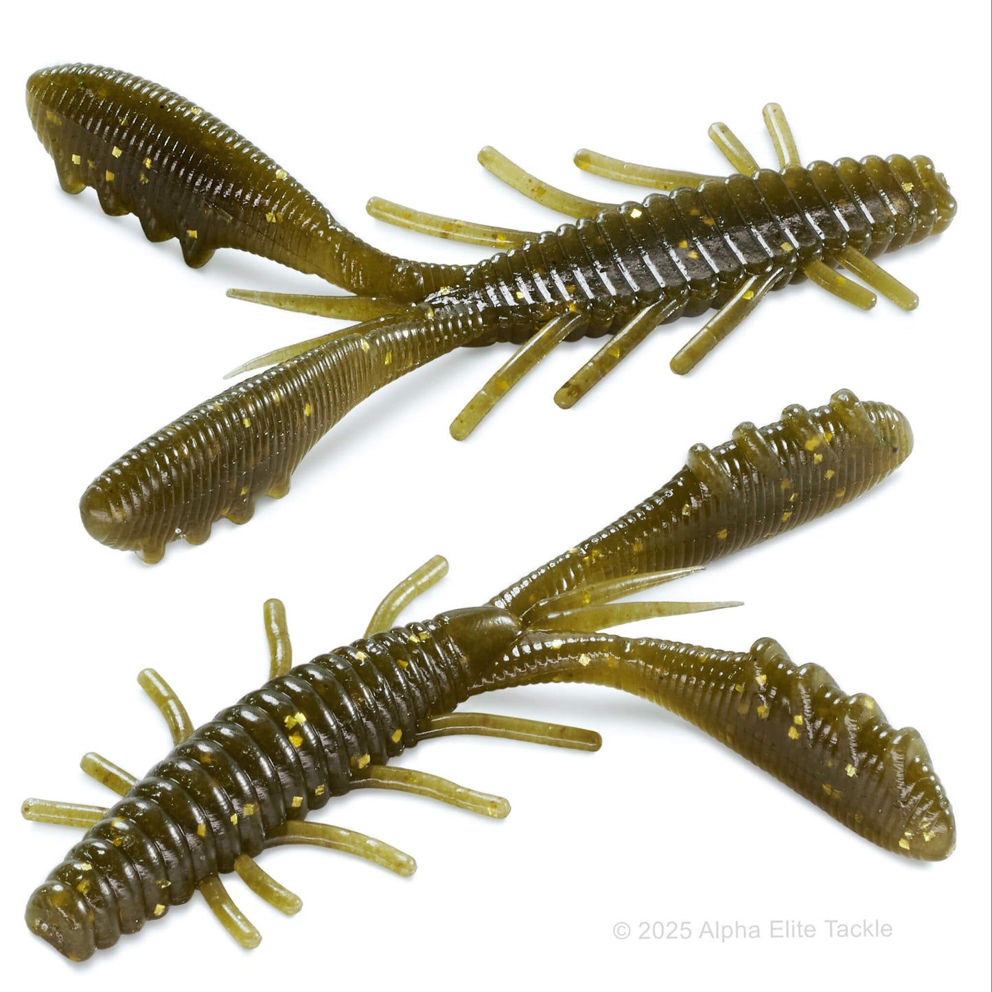 Close up of two HideUp Stagger Craws in the color green pumpkin gold flake on a white background