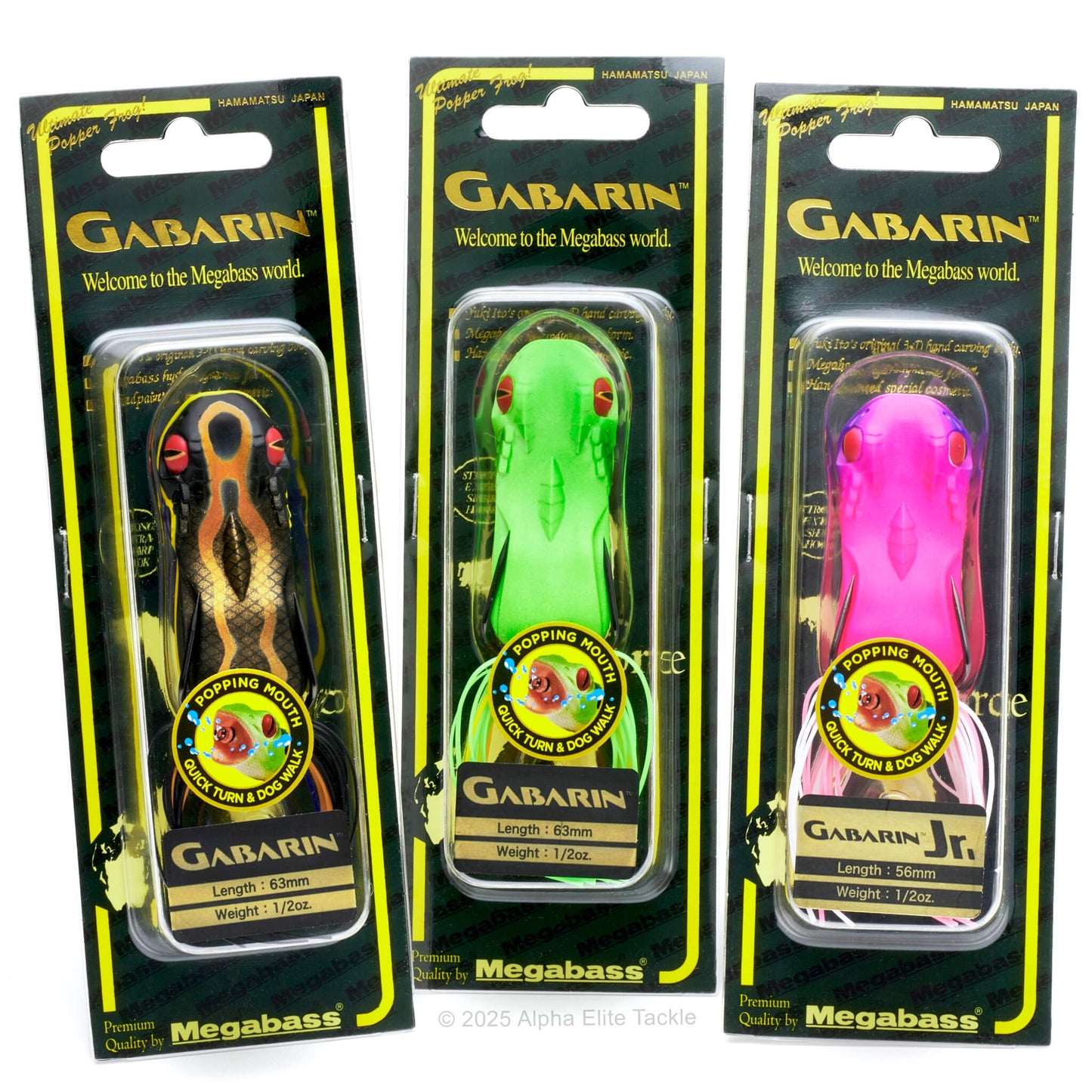 Three Megabass Gabarin Hollow Body Popping Frog in their packaging on a white background