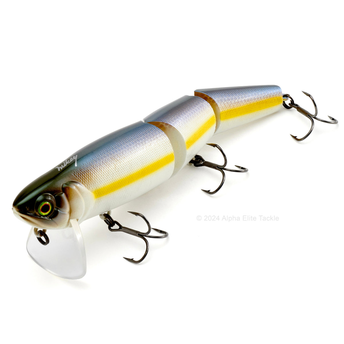 Close up of the Jackall Mikey 140 Jointed Wakebait in the color Chartreuse Shad on white background