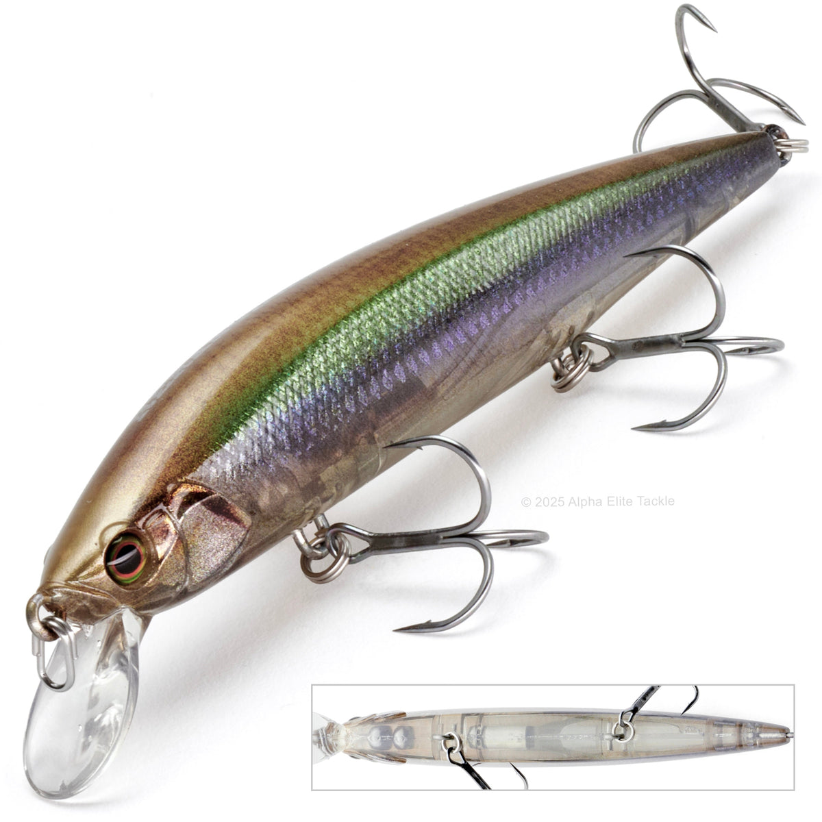 Jackall Rerange 110SP Suspending Jerkbait in the color RT Holo Minnow on a white background