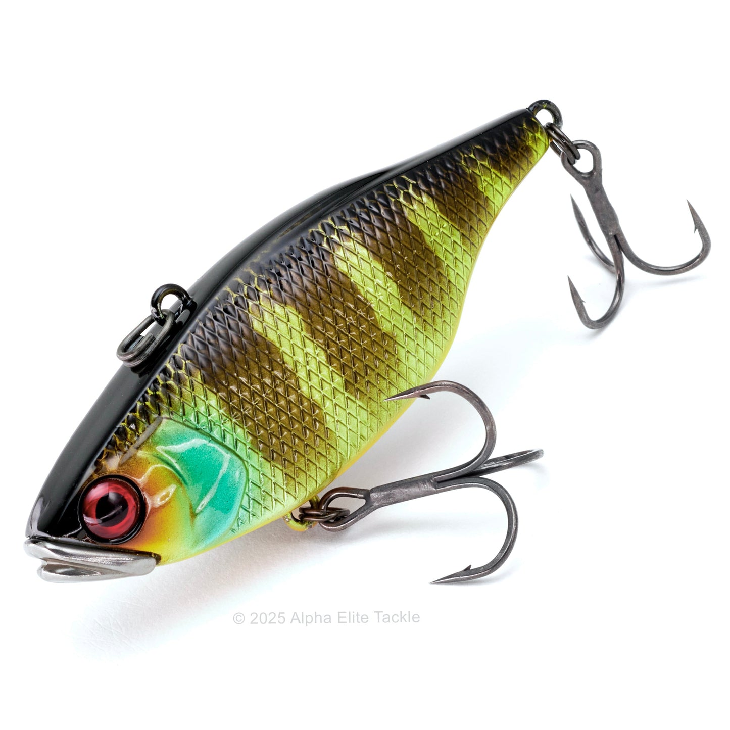 Fishing lure with a striped body and treble hooks on a white background