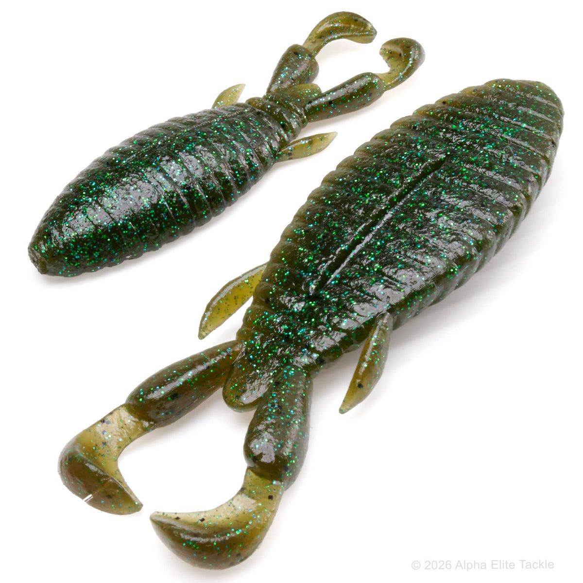 Close up of the Jackall Honey Nugget Creature Bait in the color SK Weed Killer on a white background.