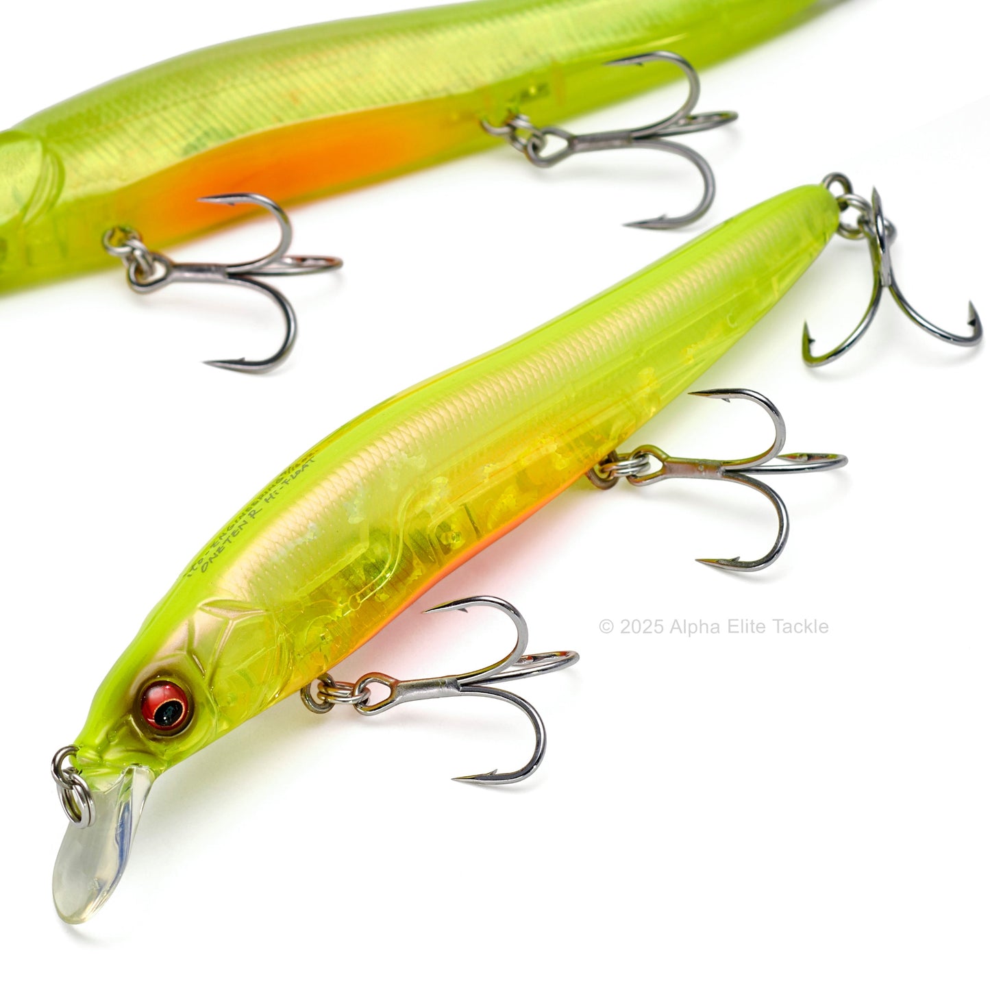Two yellow fishing lures with treble hooks on a white background