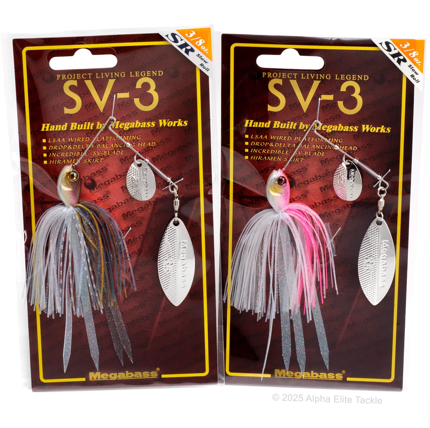 Two packages of the Megabass SV3 SR Slow Roller Spinnerbait fishing lure on a white background