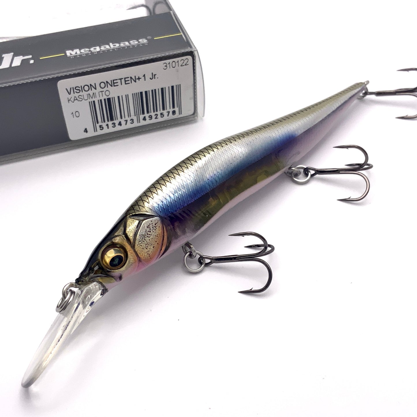 Megabass Ito Vision Oneten plus one junior Jerkbait in the color Kasumi Ito on a white background