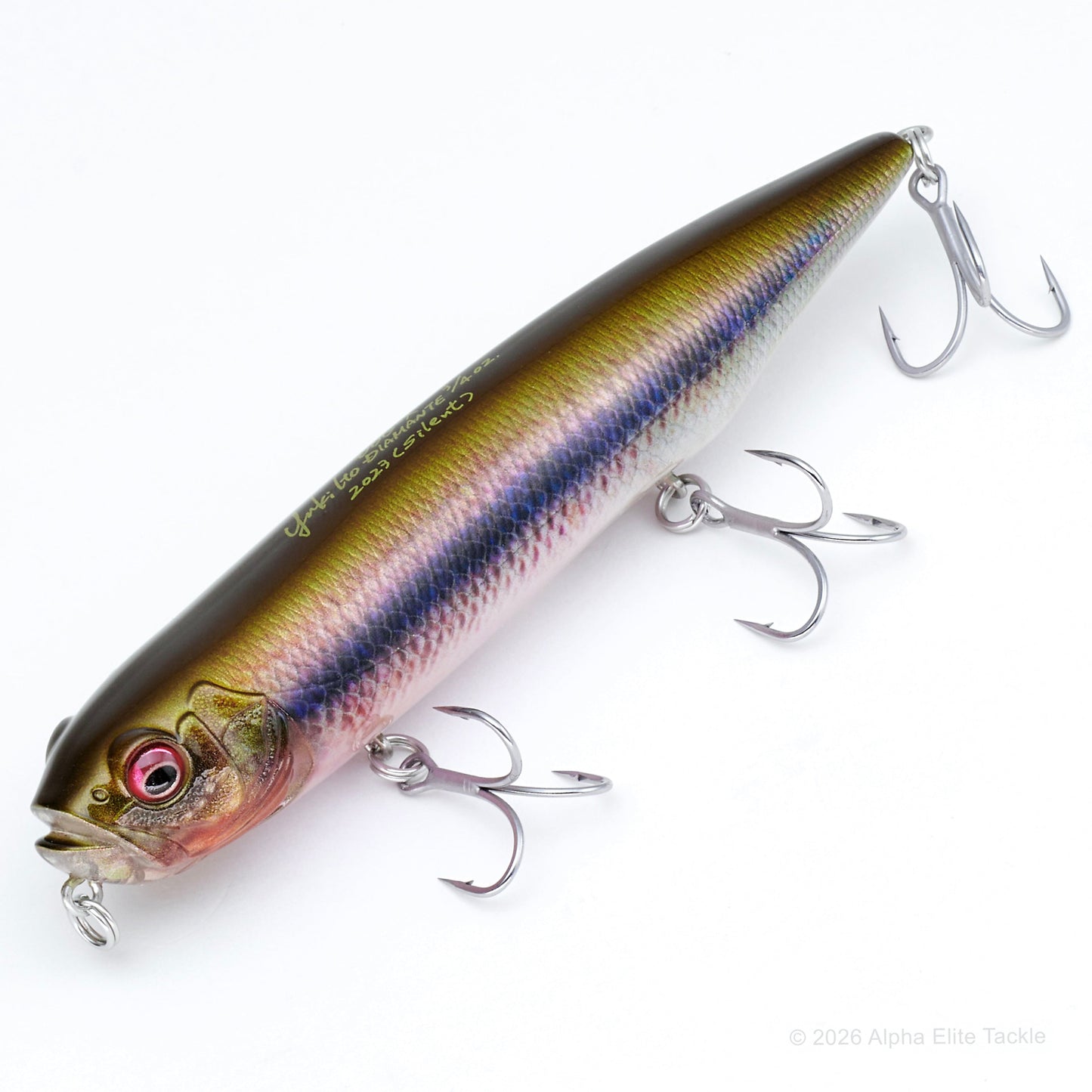close up of the Megabass Dog-X Diamante Topwater Lure in the color FA Kawamutsu on a white background