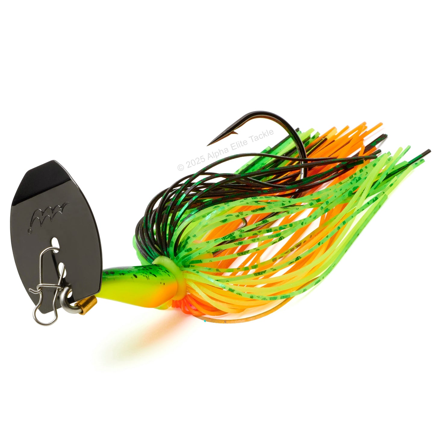 Close up of the Mibro Cobra Chatter Bladed Swim Jig in the color Fire Tiger on a white background