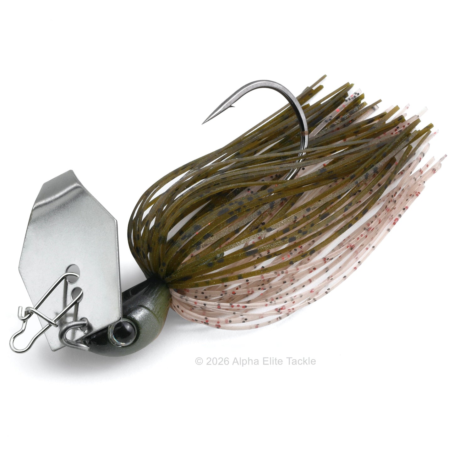 Close up of the Noike Kashin Blade Bladed Swim Jig in the color Green Pumpkin Blossom on a white background