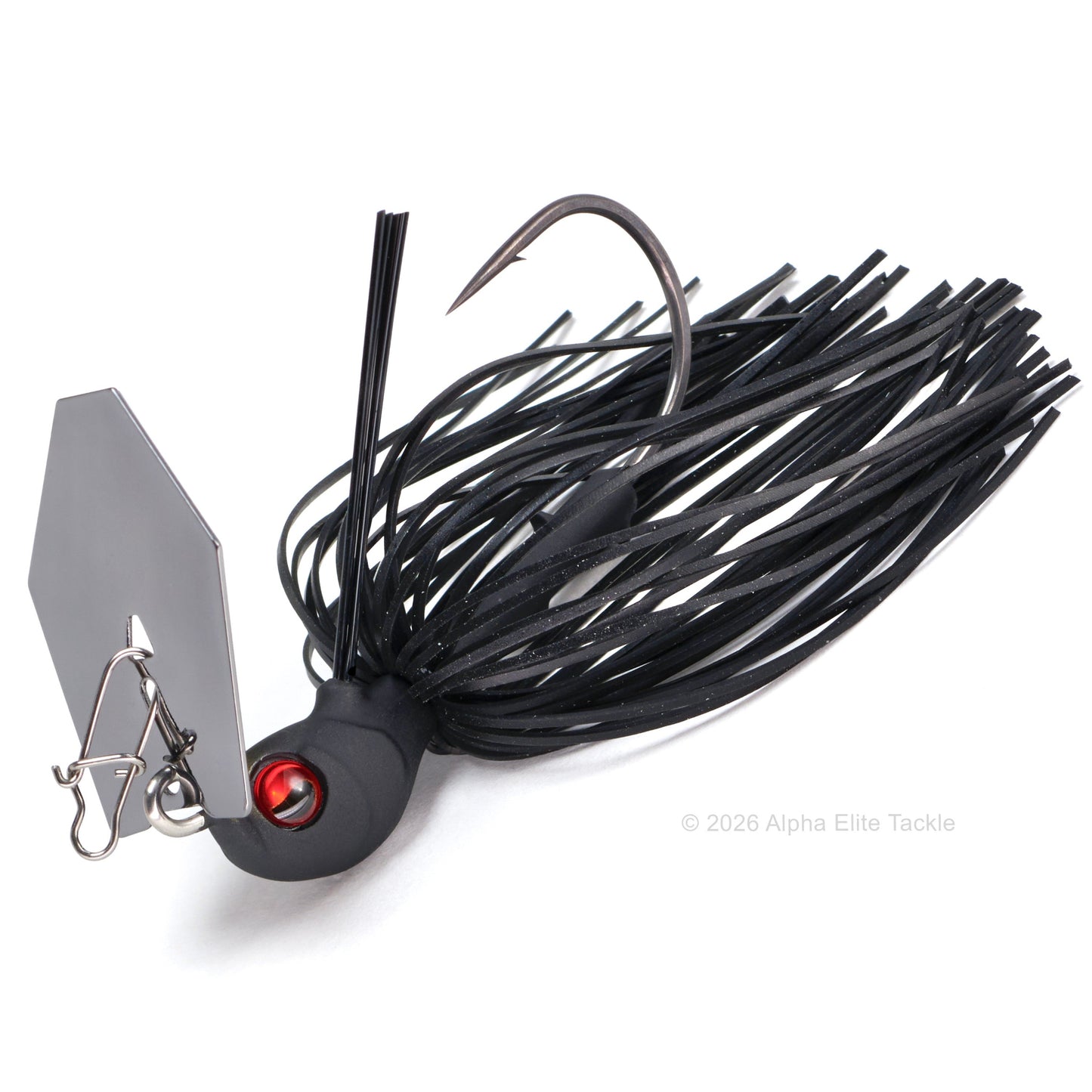 Black fishing lure with a red eye and silver blade on a white background