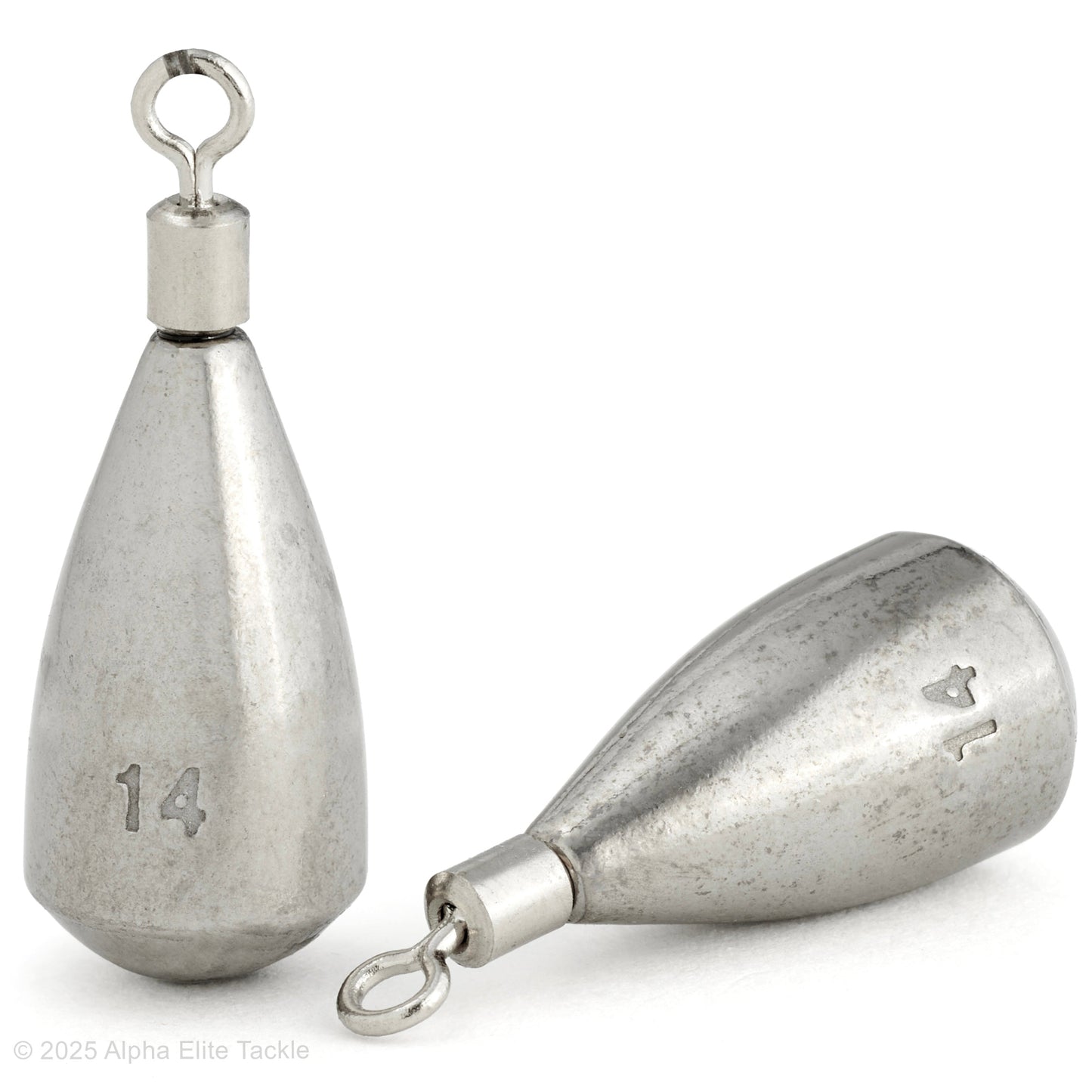 Close up of two Engine Studio 100 Tungsten Drop Shot weights on a white background.
