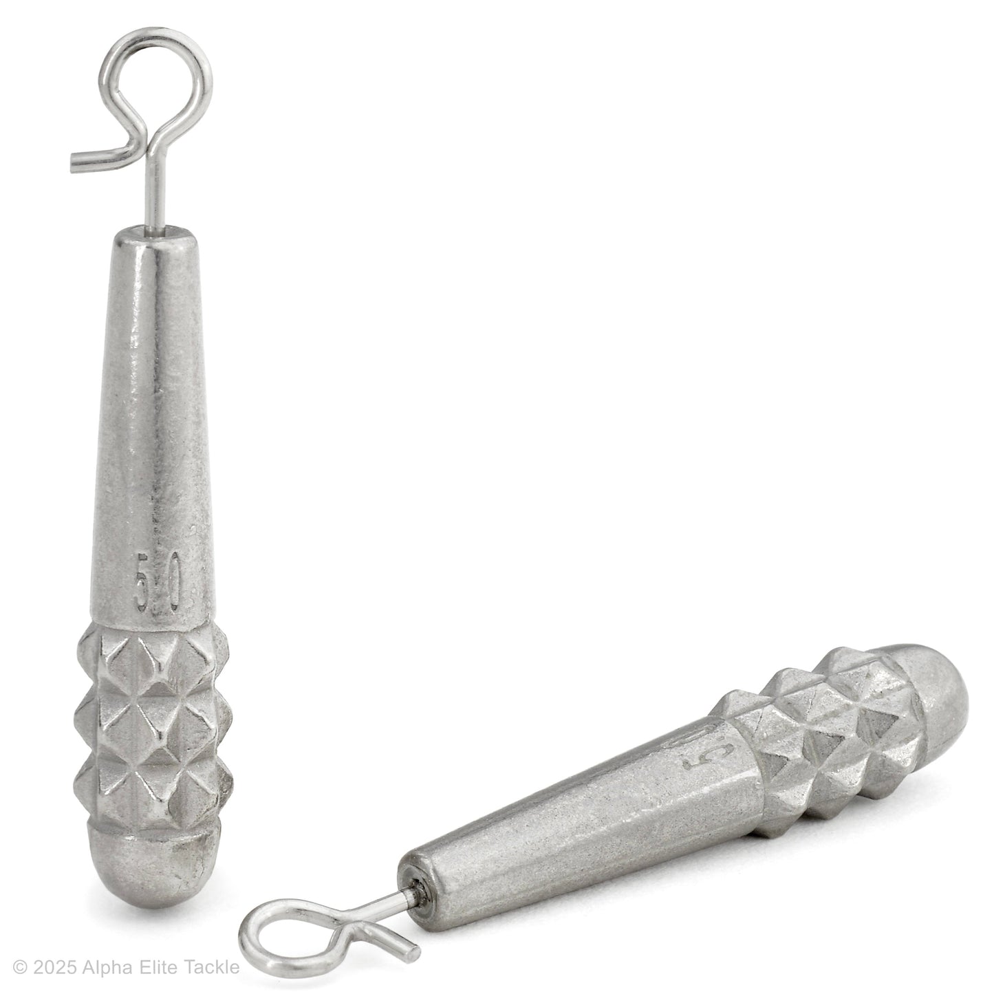 Close up of two Varivas TG Slim Sinker Quick Change weights on a white background.