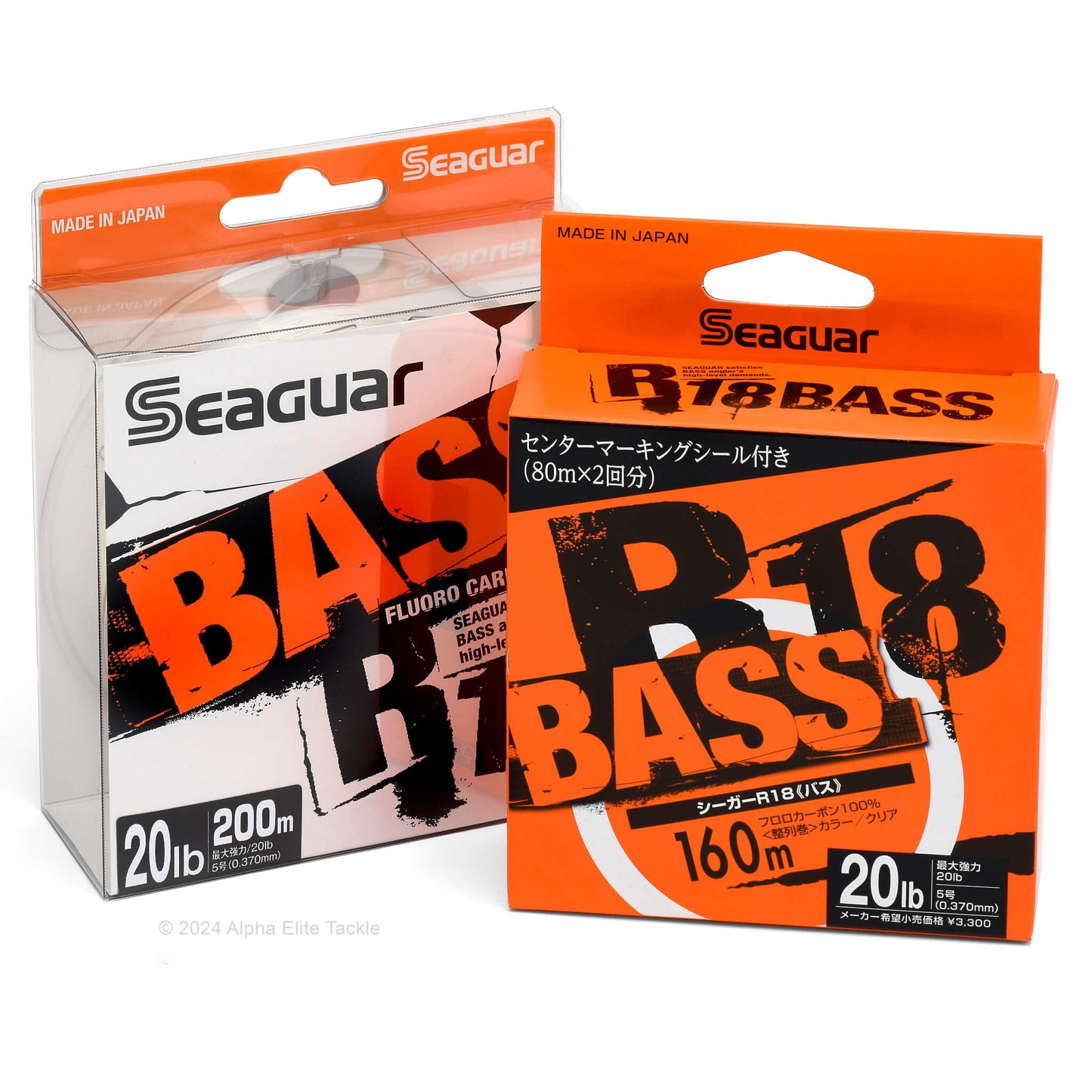 Two packages of Seaguar R18 Bass fishing line on a white background