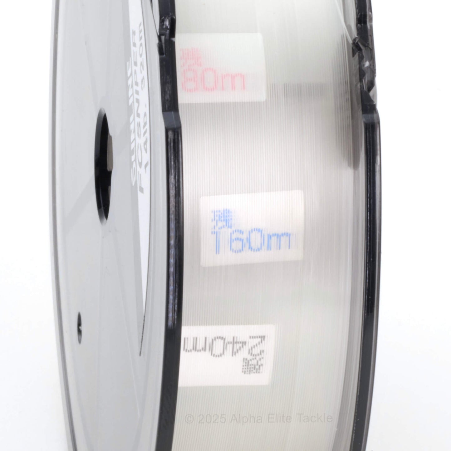 sunline fc sniper fluorocarbon with plasma technology spool with measurement labels on a white background