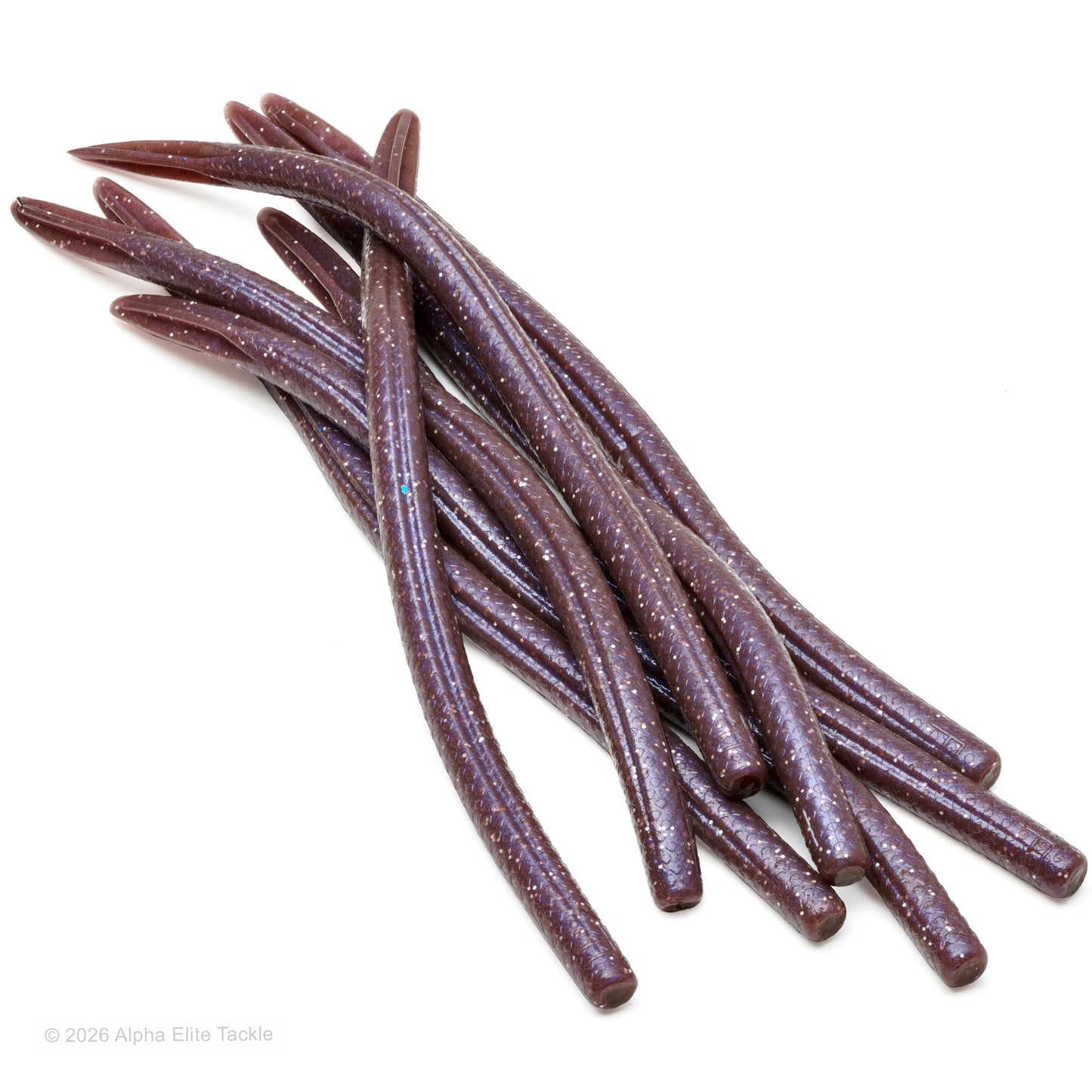 Close-up of multiple dark plum finesse worms with white flake on a white background.