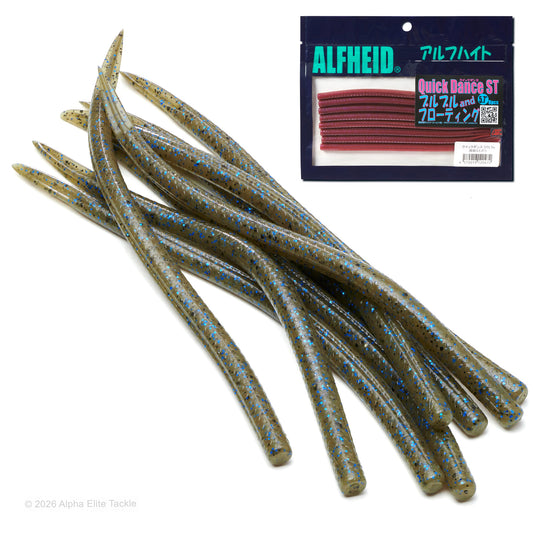 Nine Alfheid Quick Dance ST soft plastic fishing lures in olive green with blue and black flake, displayed next to their retail packaging on a white background.