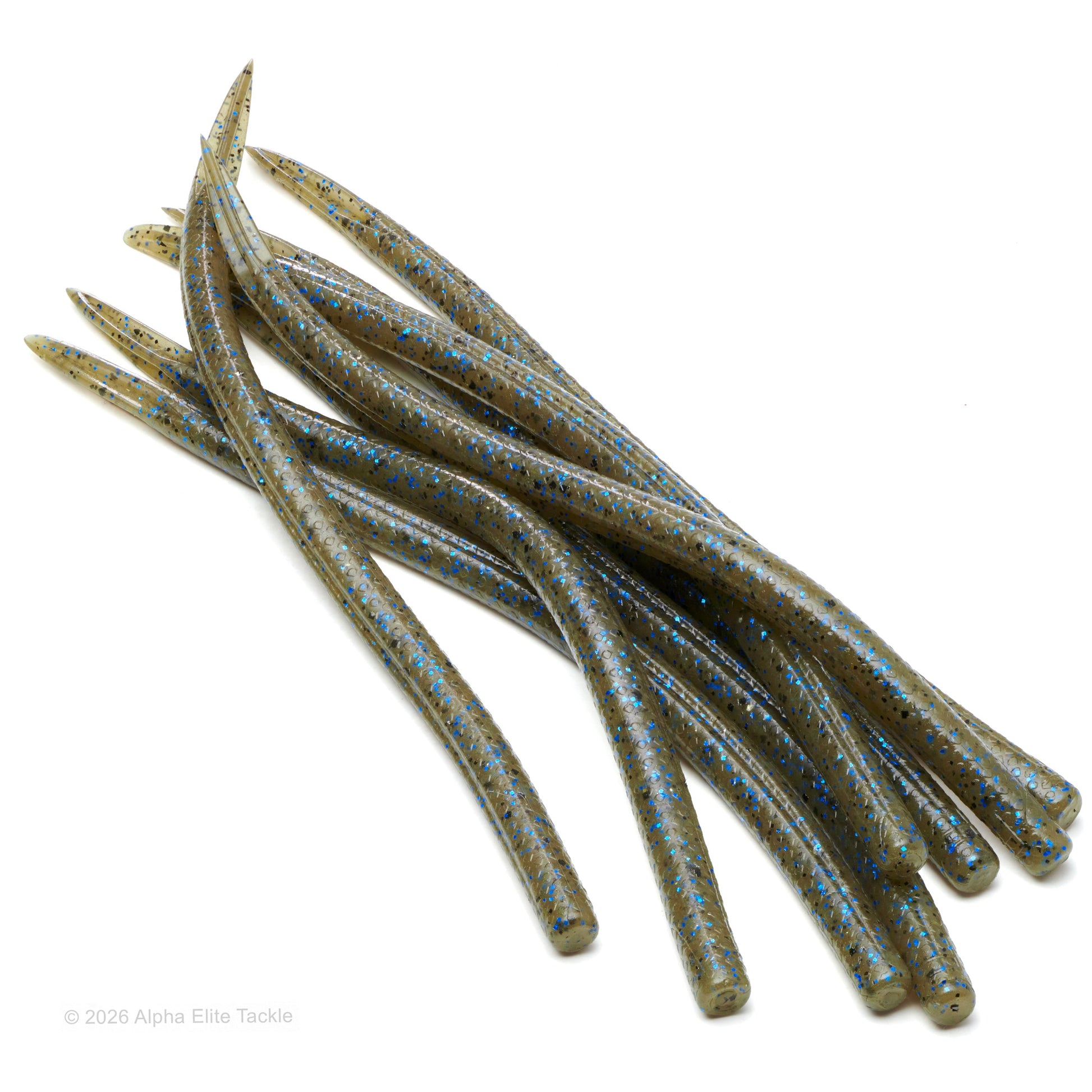 Close-up of multiple green pumpkin finesse worms with blue and black flake on a white background.