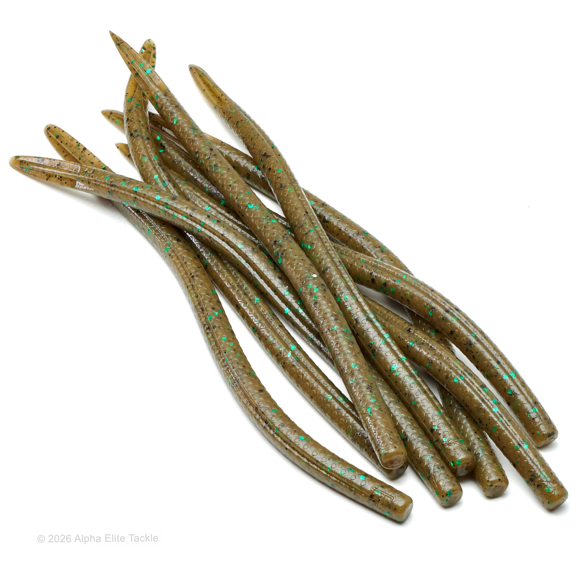Close-up of multiple green pumpkin finesse worms with black and green flake on a white background.