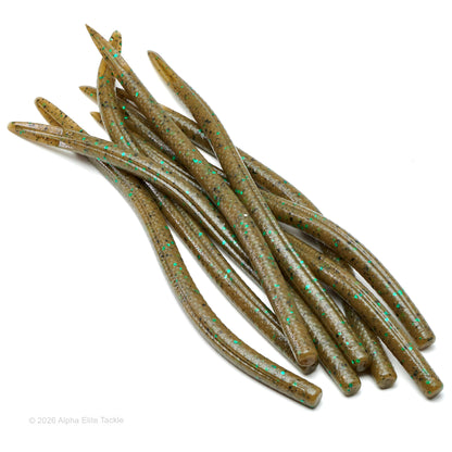 Close-up of multiple green pumpkin finesse worms with black and green flake on a white background.