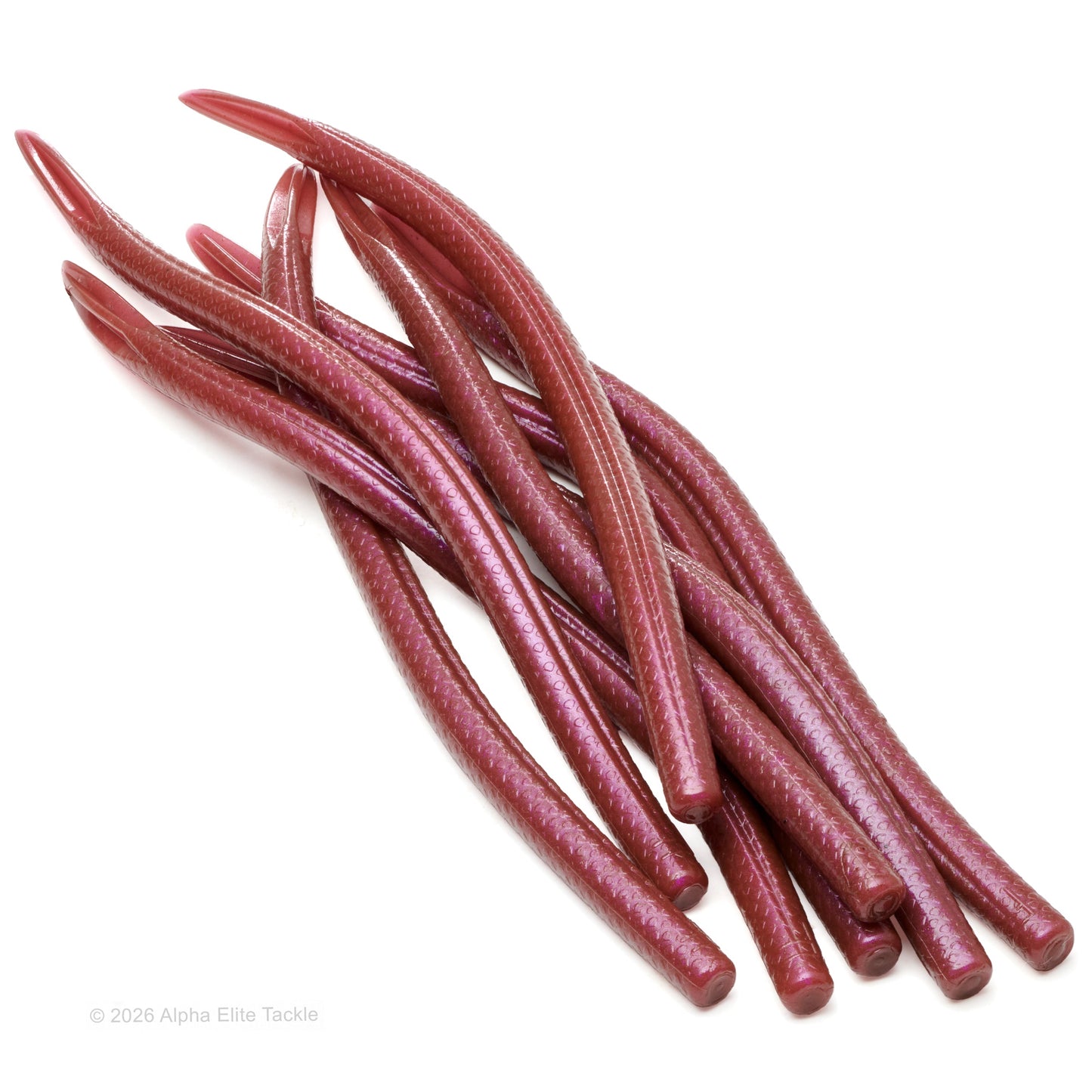 Close-up of multiple reddish brown oxblood finesse worms with an iridescent shine on a white background.