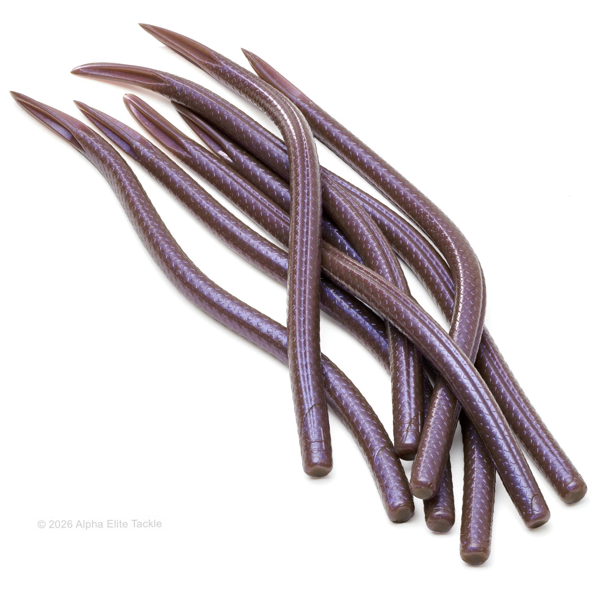 Close-up of multiple plum colored finesse worms with iridescent purple tone on a white background.