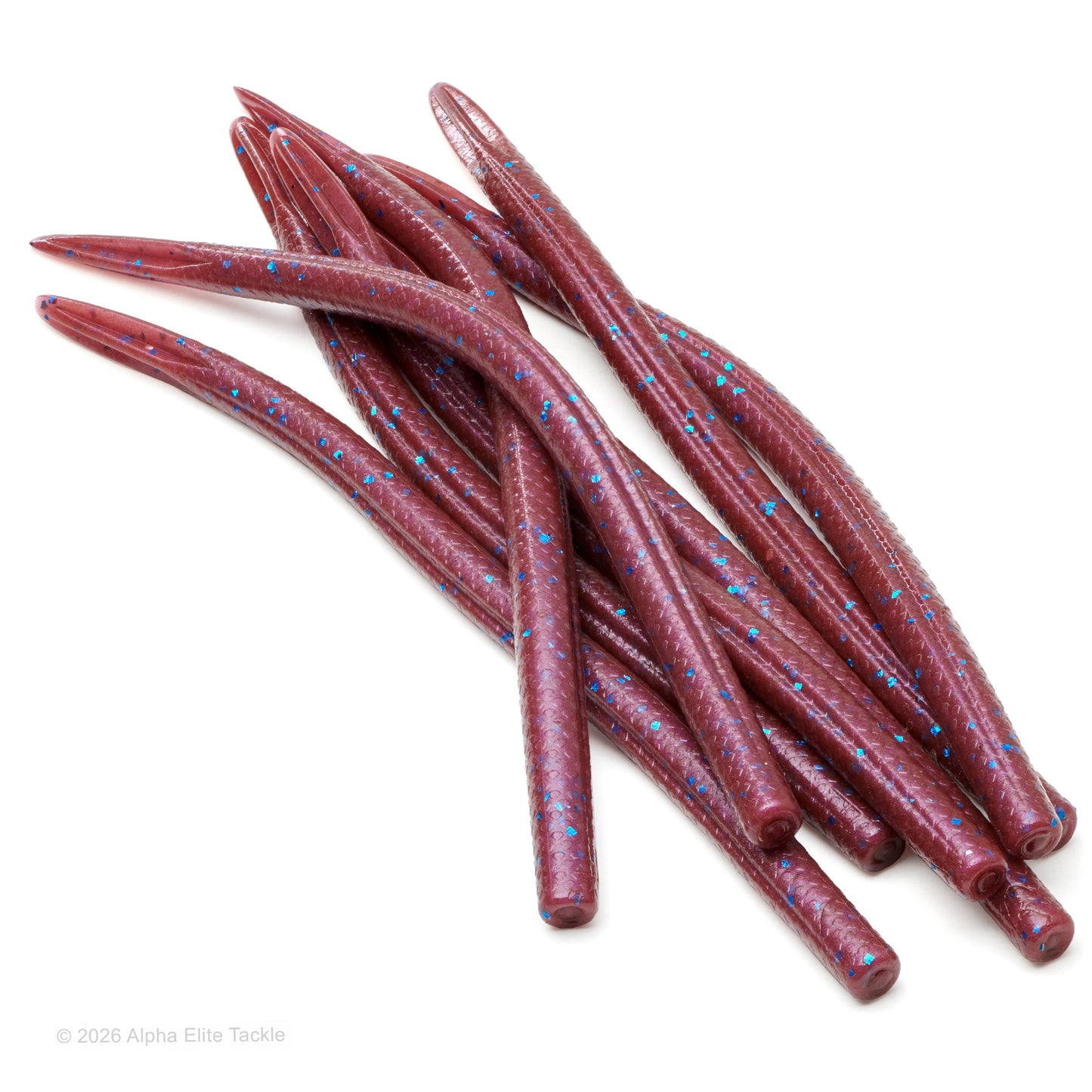 Close-up of multiple dark red finesse worms with blue flake on a white background.