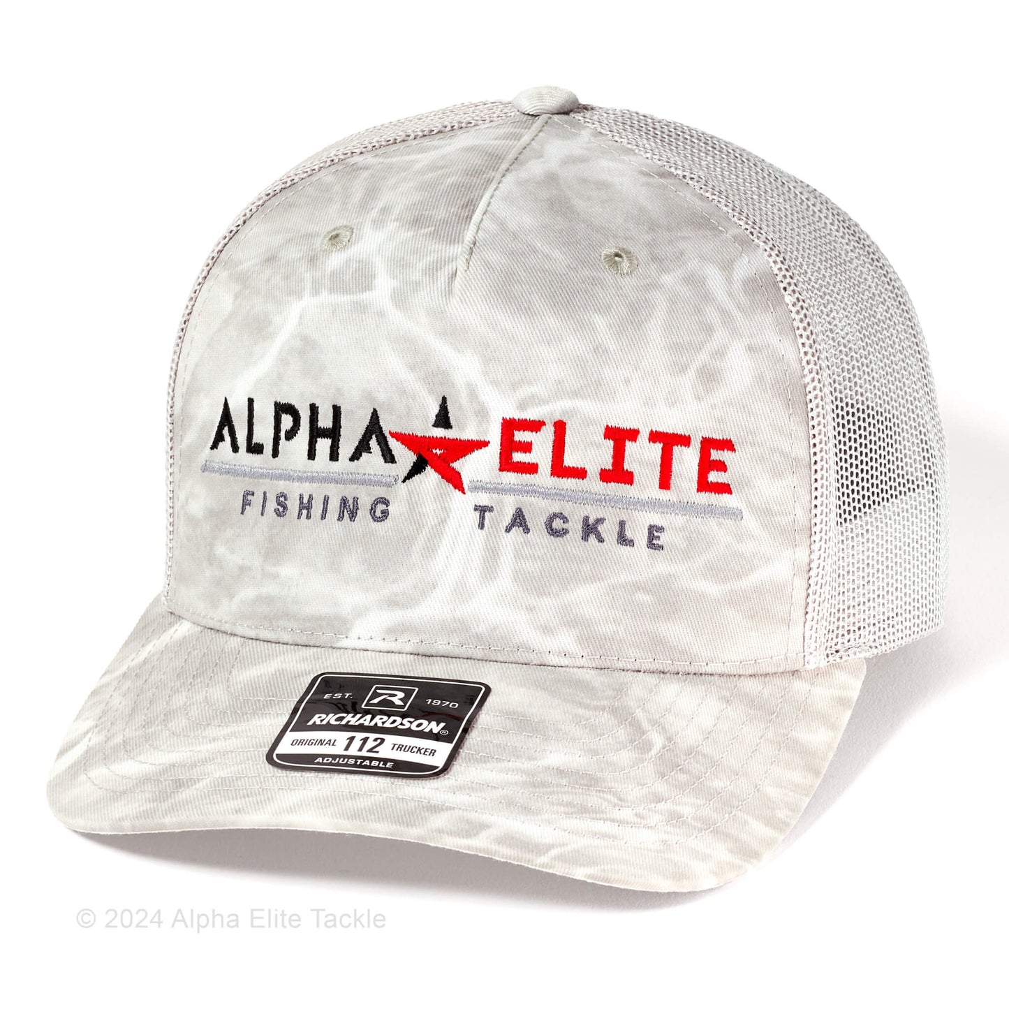 Alpha Elite Fishing Tackle cap with mesh back on a white background