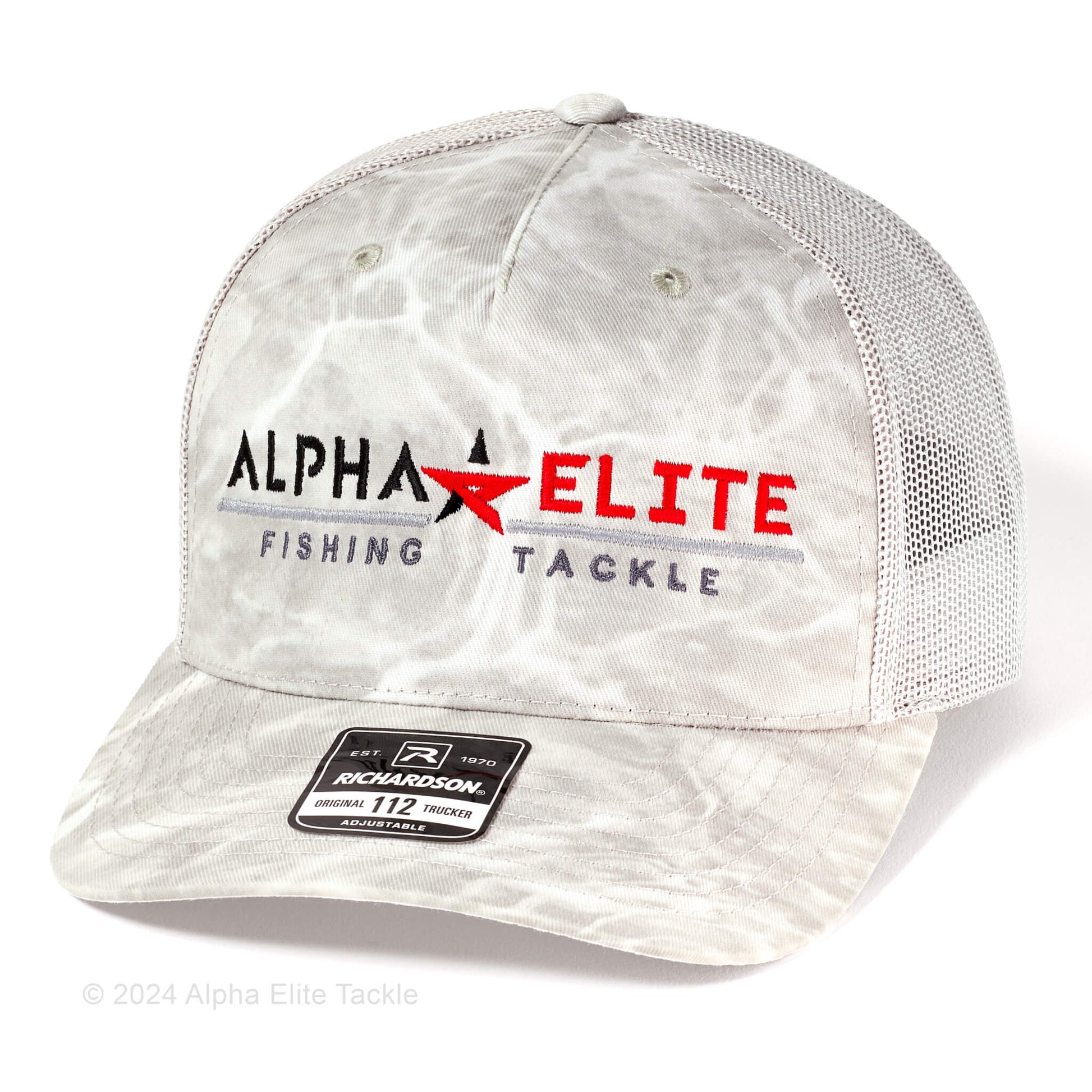 Alpha Elite Fishing Tackle cap with mesh back on a white background
