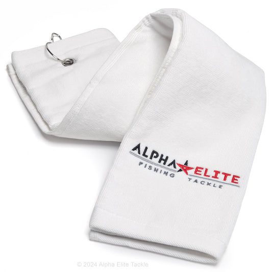 White towel with Alpha Elite Fishing Tackle logo on a white background