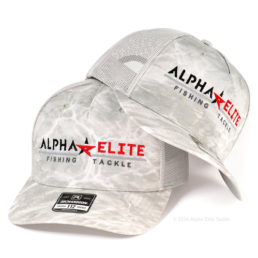 Alpha Elite Fishing Tackle cap with mesh design on a white background