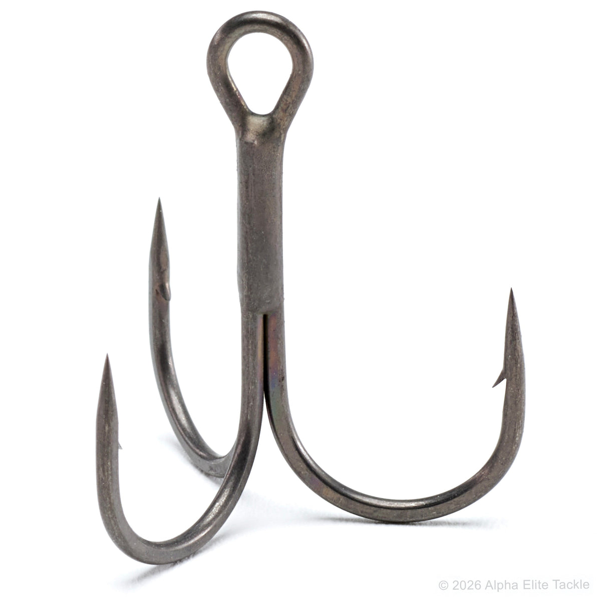 A single triple hook fishing lure with a dark metallic finish, shown against a plain white background.