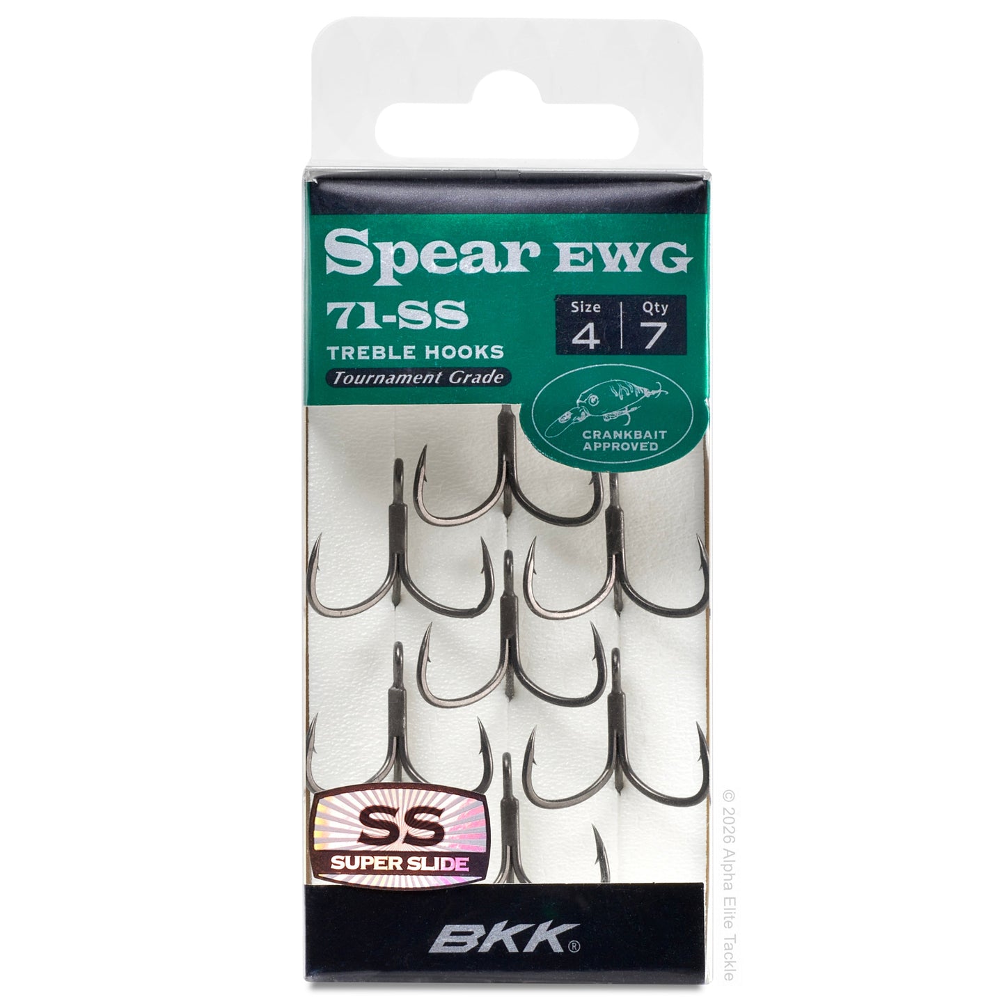 BKK Spear EWG 71-SS treble fishing hooks in a clear plastic and cardboard package with a white hanger tab, showing seven dark metal hooks on a white background.