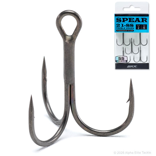 A single BRK Spear 21-SS treble hook fishing lure shown in front of its retail packaging on a white background.