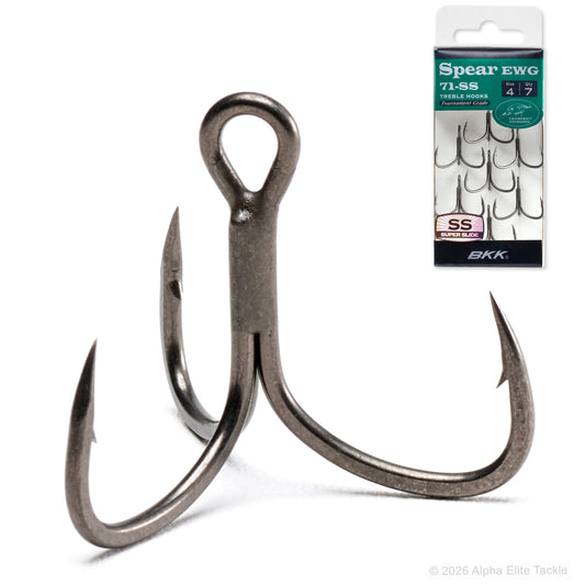 Single EWG short shank treble hook made by BKK on a white background