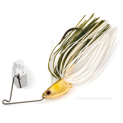 Close up of the Bass Puzzle Grass Piece Flex Bladed Swim jig in the color Ayu on a white background